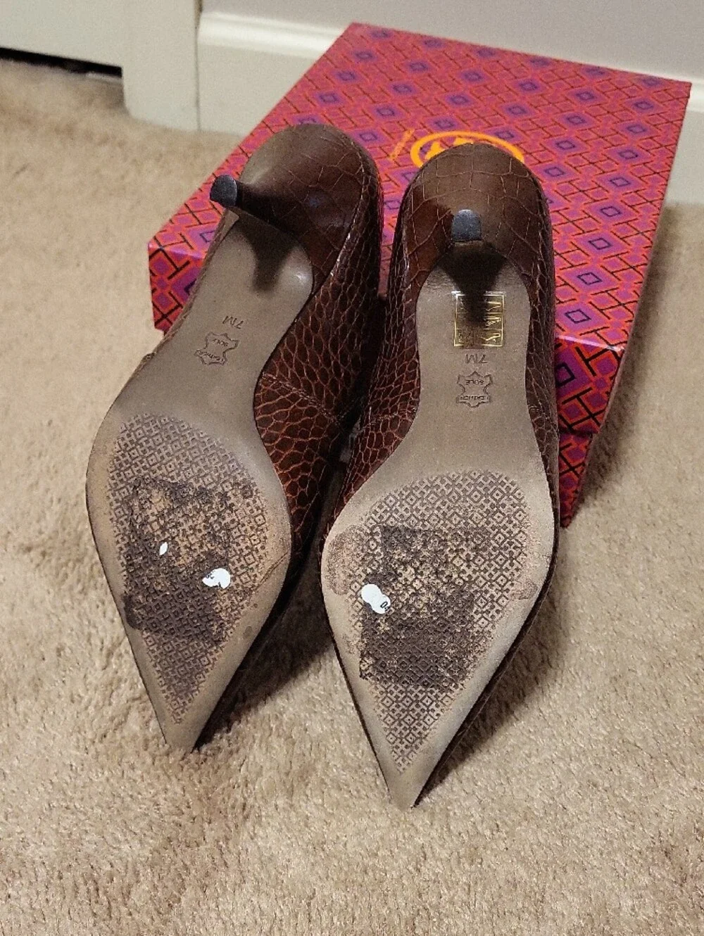 Tory Burch Croc-Embossed Brown Pointed Ankle Booties